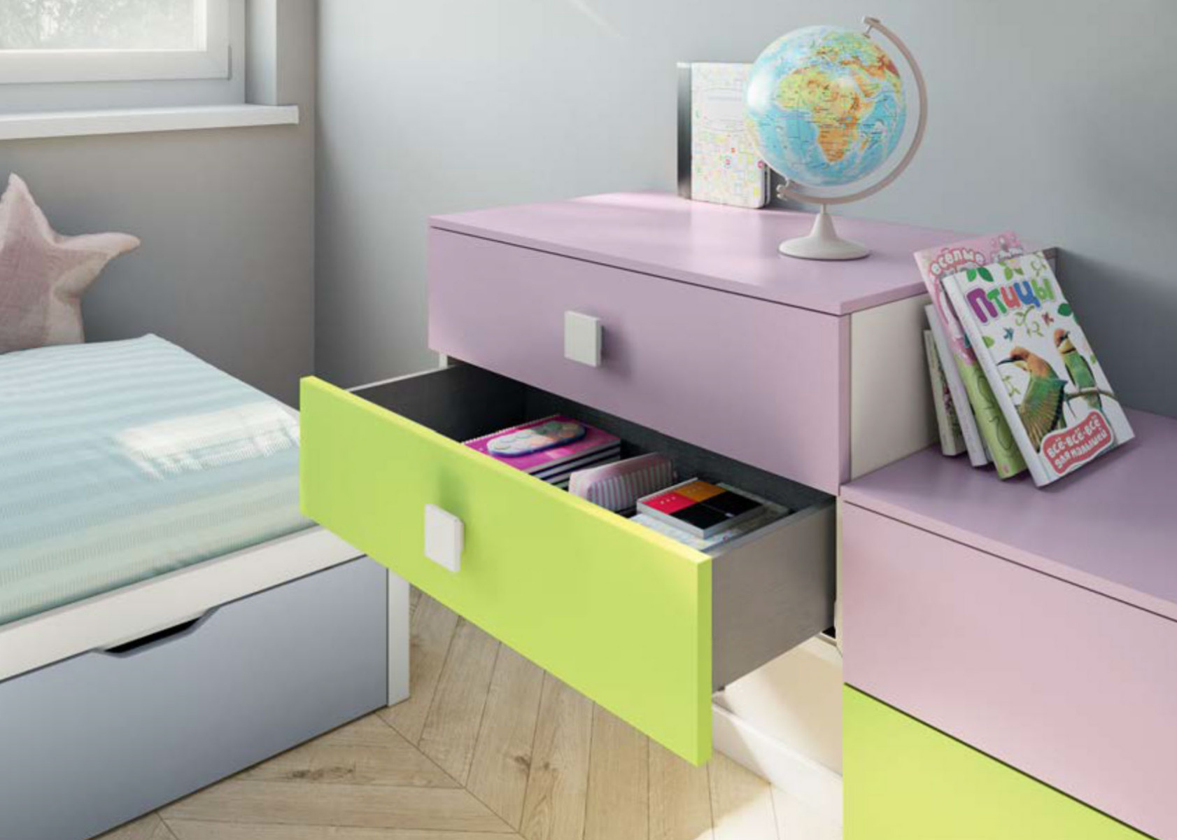 scrivania con cassetti colorata