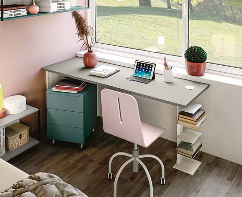 Scrivania con portalibri in finitura Bianco altea e Grigio seta