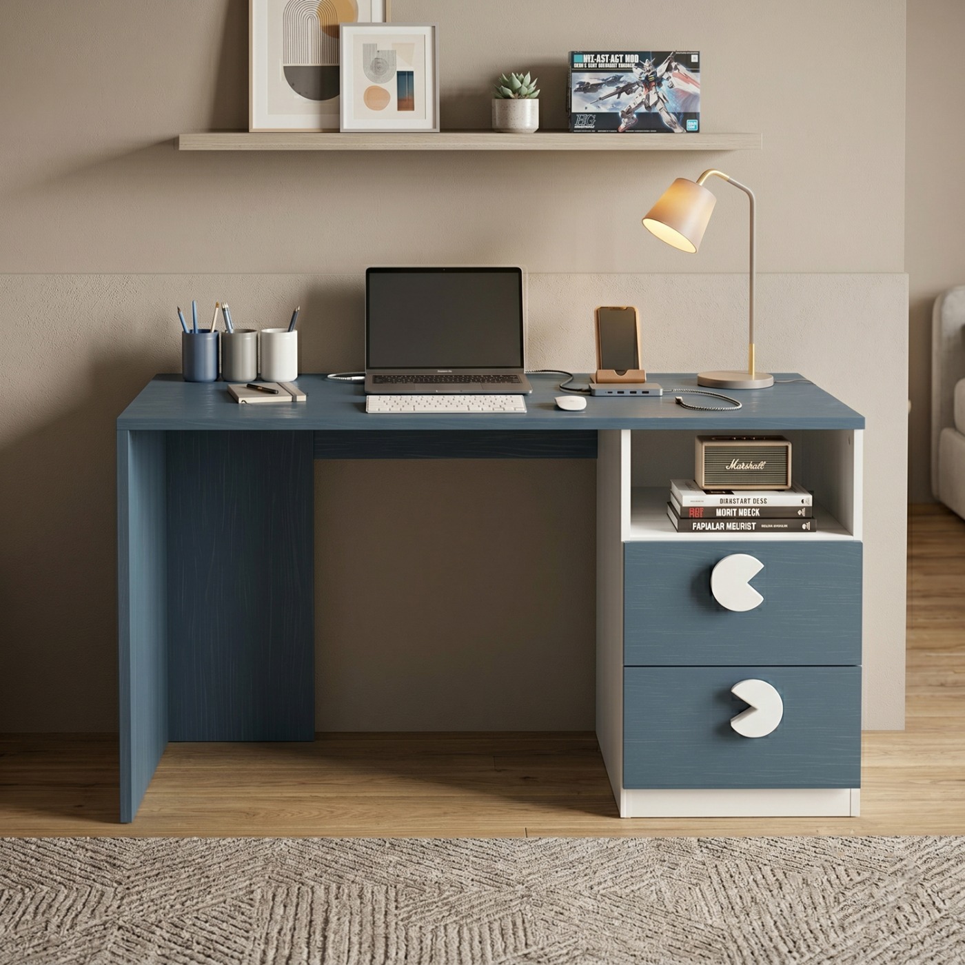 Scrivania 2 cassetti, 1 vano per camerette, Bianco opaco e Blu navy