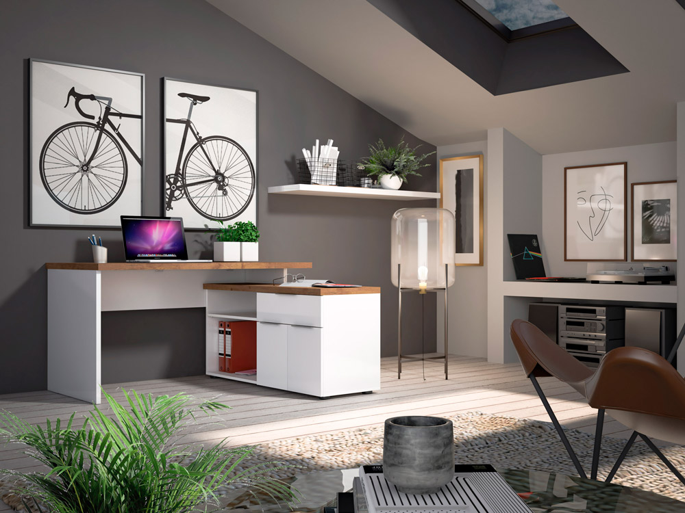 Scrivania ad angolo, finitura Bianco laccato lucido e Castagno