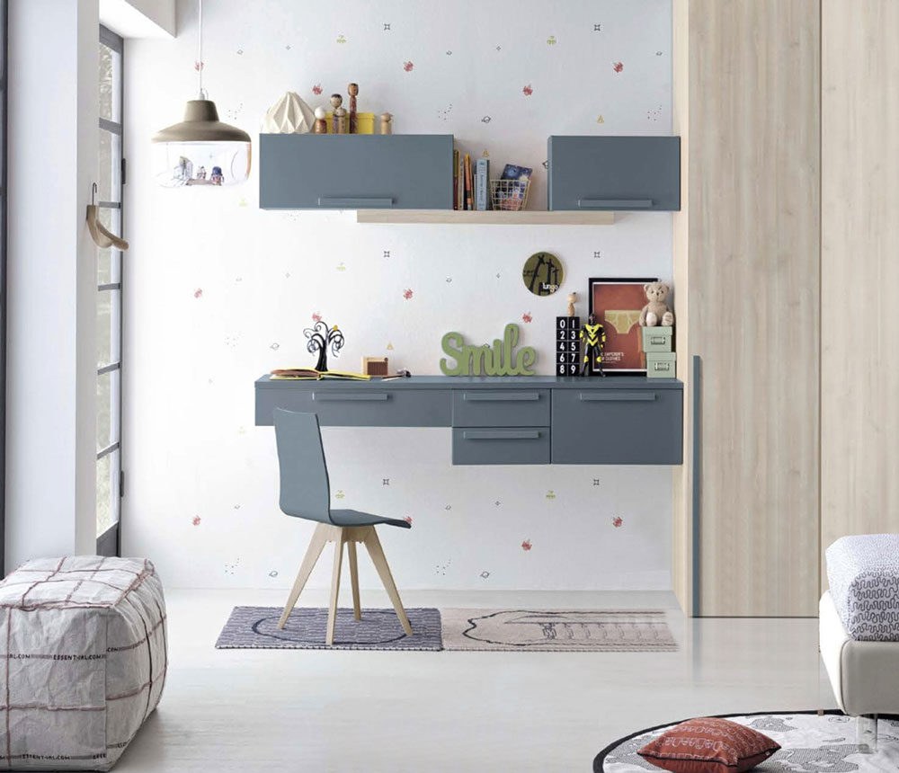 Scrivania salvaspazio estraibile con cassetti e ribalta, finitura Blu opale