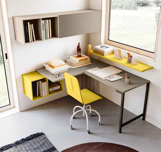 Cameretta a soppalco con armadio angolare, finitura Giallo cedro, Olmo natura, Visone