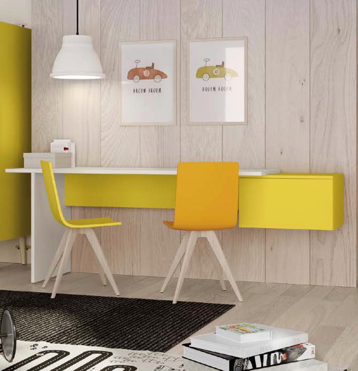 Scrivania con pensile, finitura Bianco opaco e Giallo zafferano