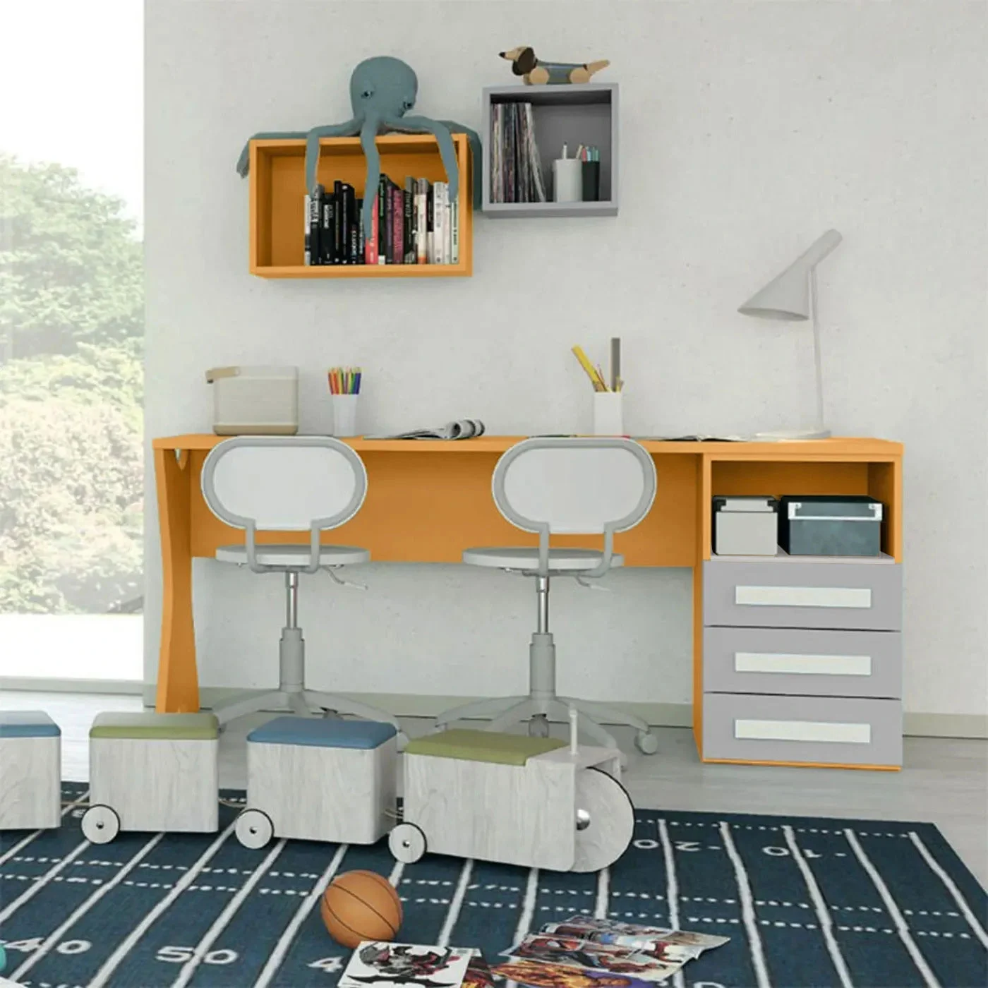 Scrivania moderna per camerette in finitura Miele e Grigio Dorian