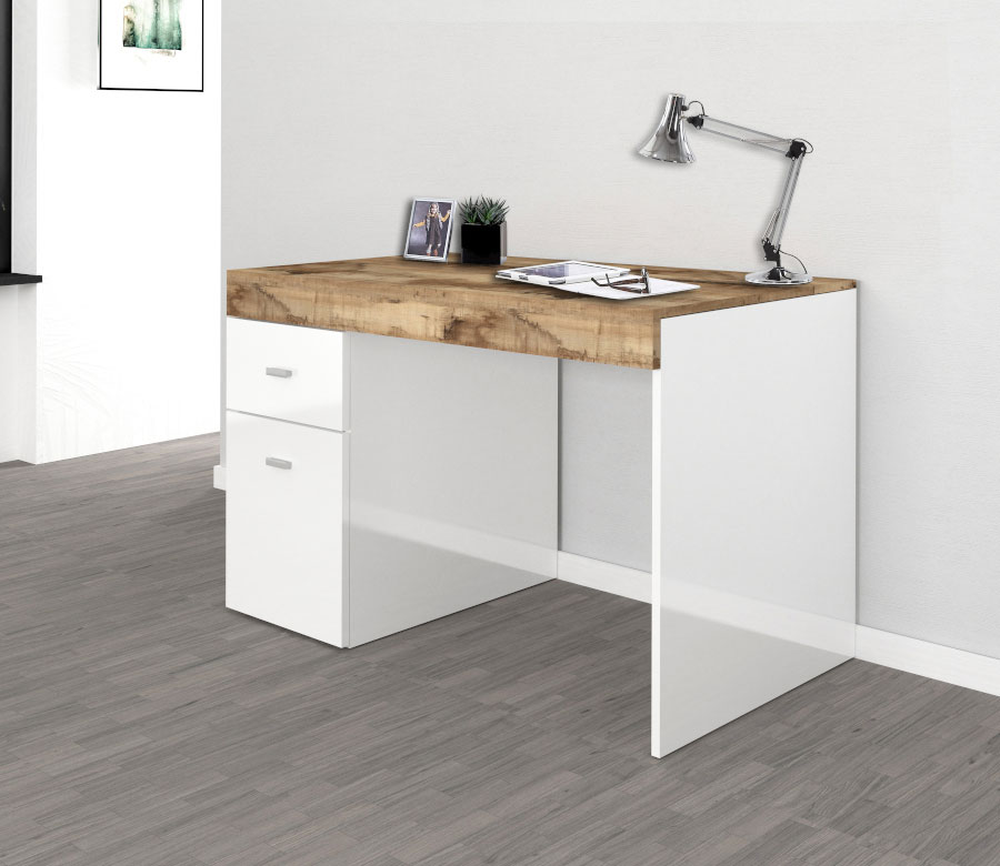 Scrivania 1 anta e 1 cassetto bianco lucido e pero, made in Italy
