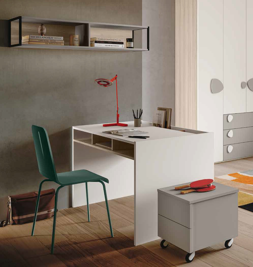 Scrivania con piano estraibile, finitura Bianco e Olmo natura