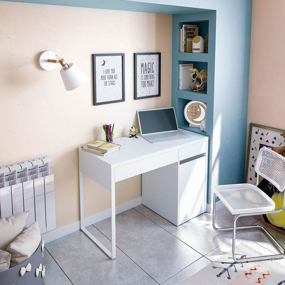 Scrivania reversibile 2 cassetti, 1 anta, finitura Bianco opaco