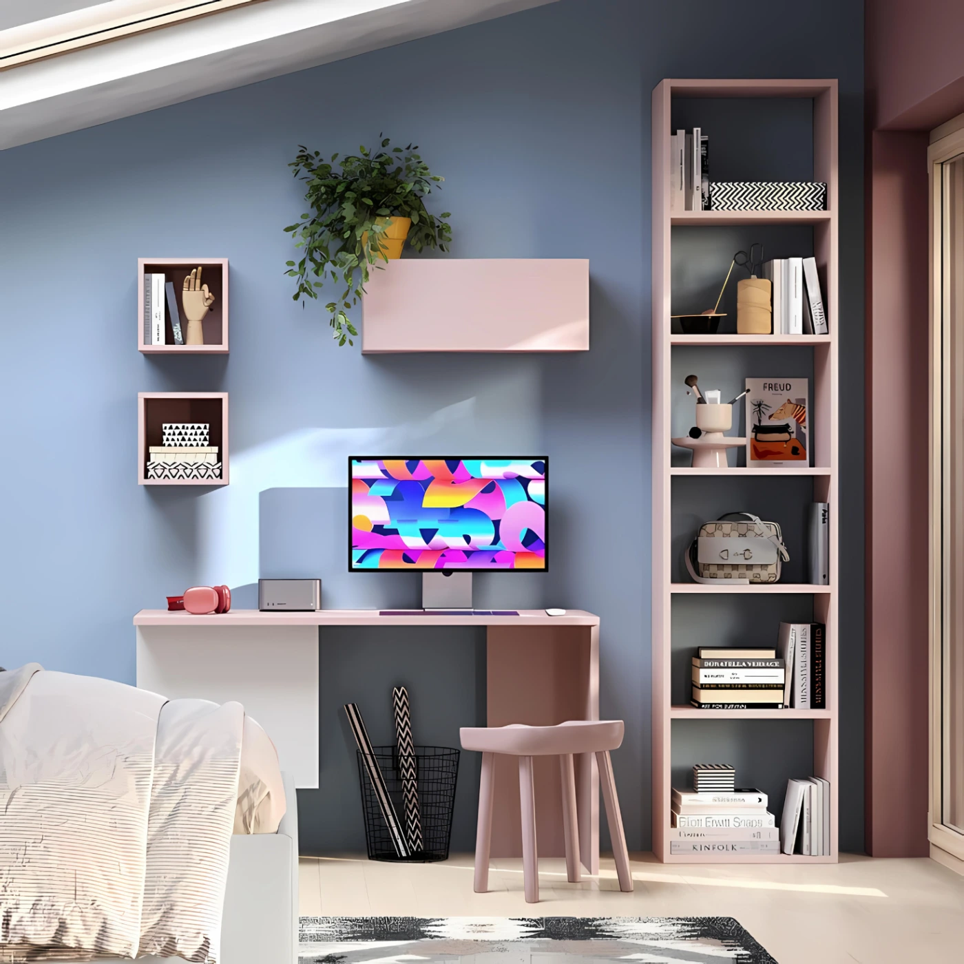 Scrivania moderna per ragazzi, L.138, Bianco opaco e Flamingo