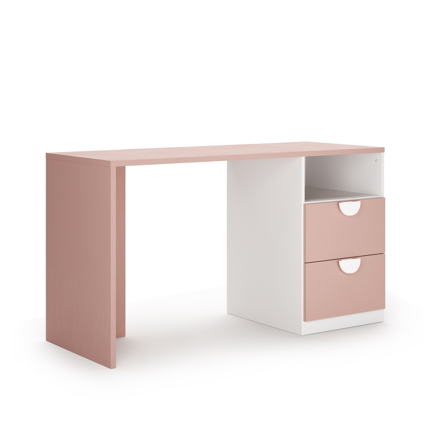 Scrivania moderna 2 cassetti, 1 vano, Bianco opaco e Flamingo