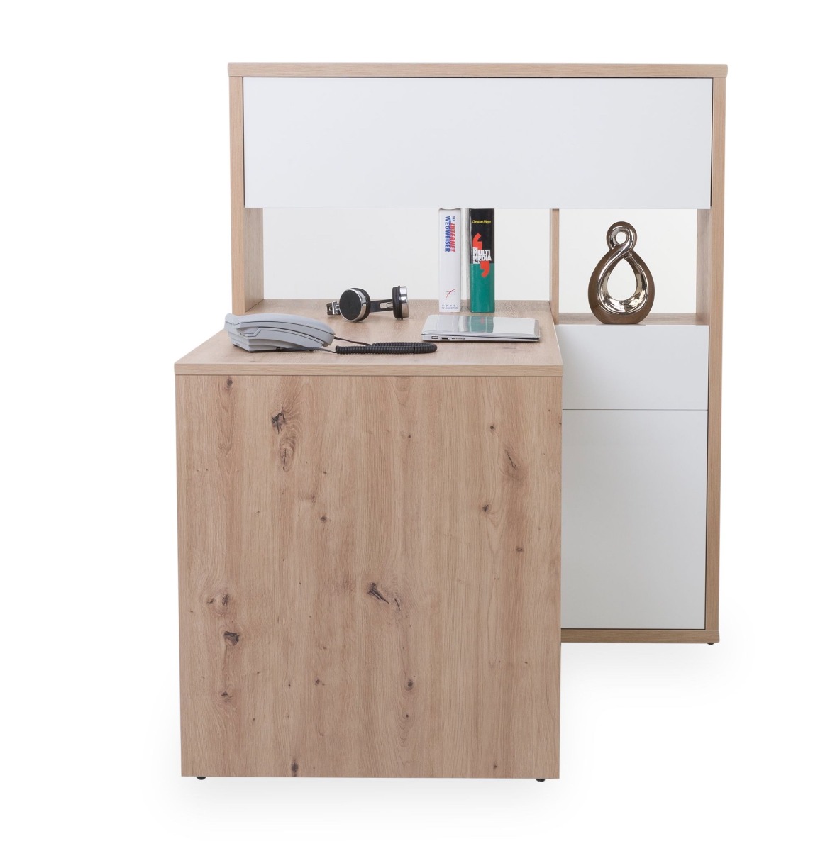 Scrivania moderna con 2 ante + 1 cassetto, colore Rovere e Bianco laccato