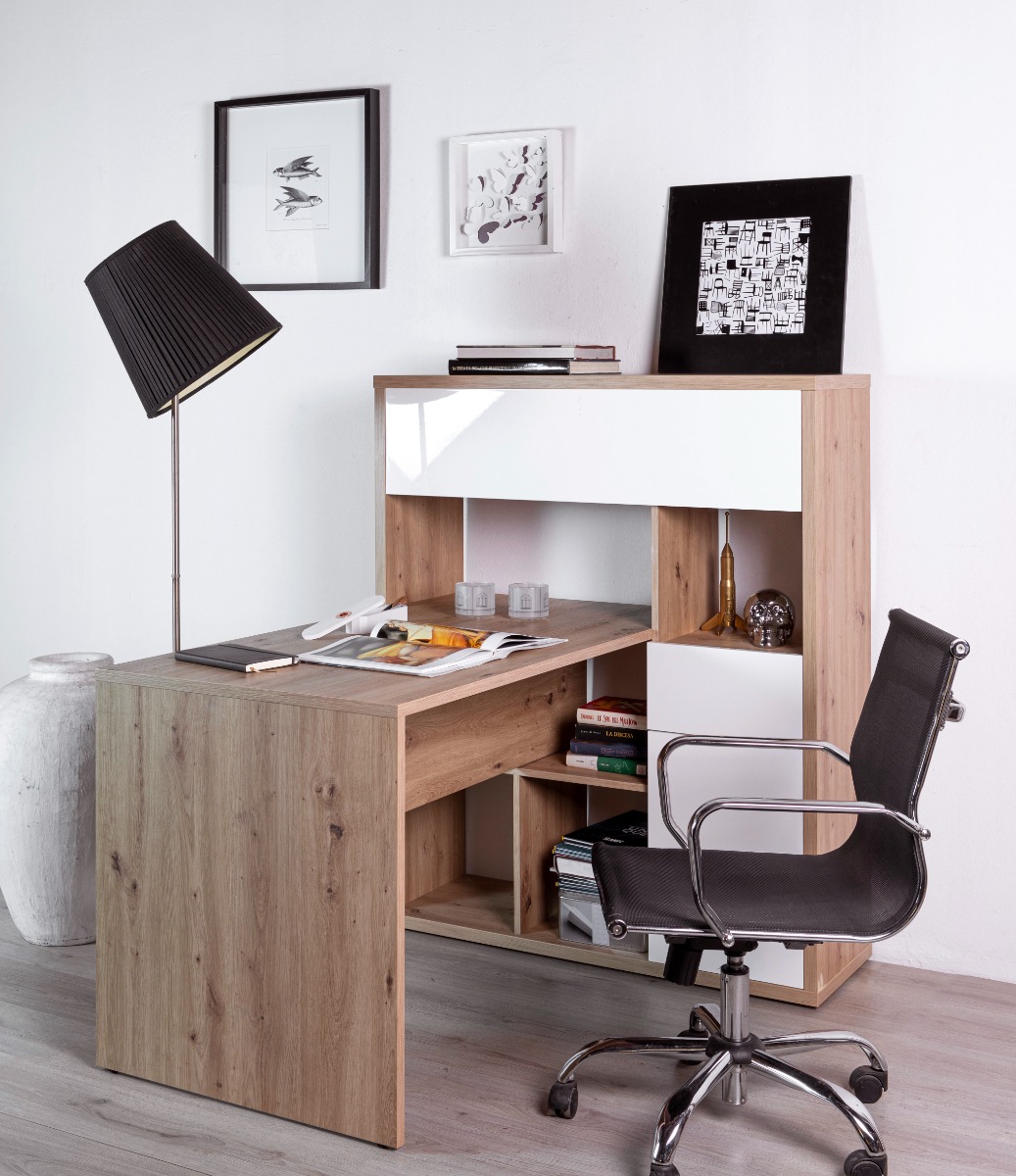 Scrivania moderna con 2 ante + 1 cassetto, colore Rovere e Bianco laccato