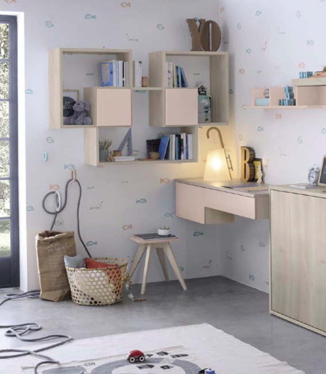 Scrivania salvaspazio estraibile, finitura Ciliegio bianco e Cipria