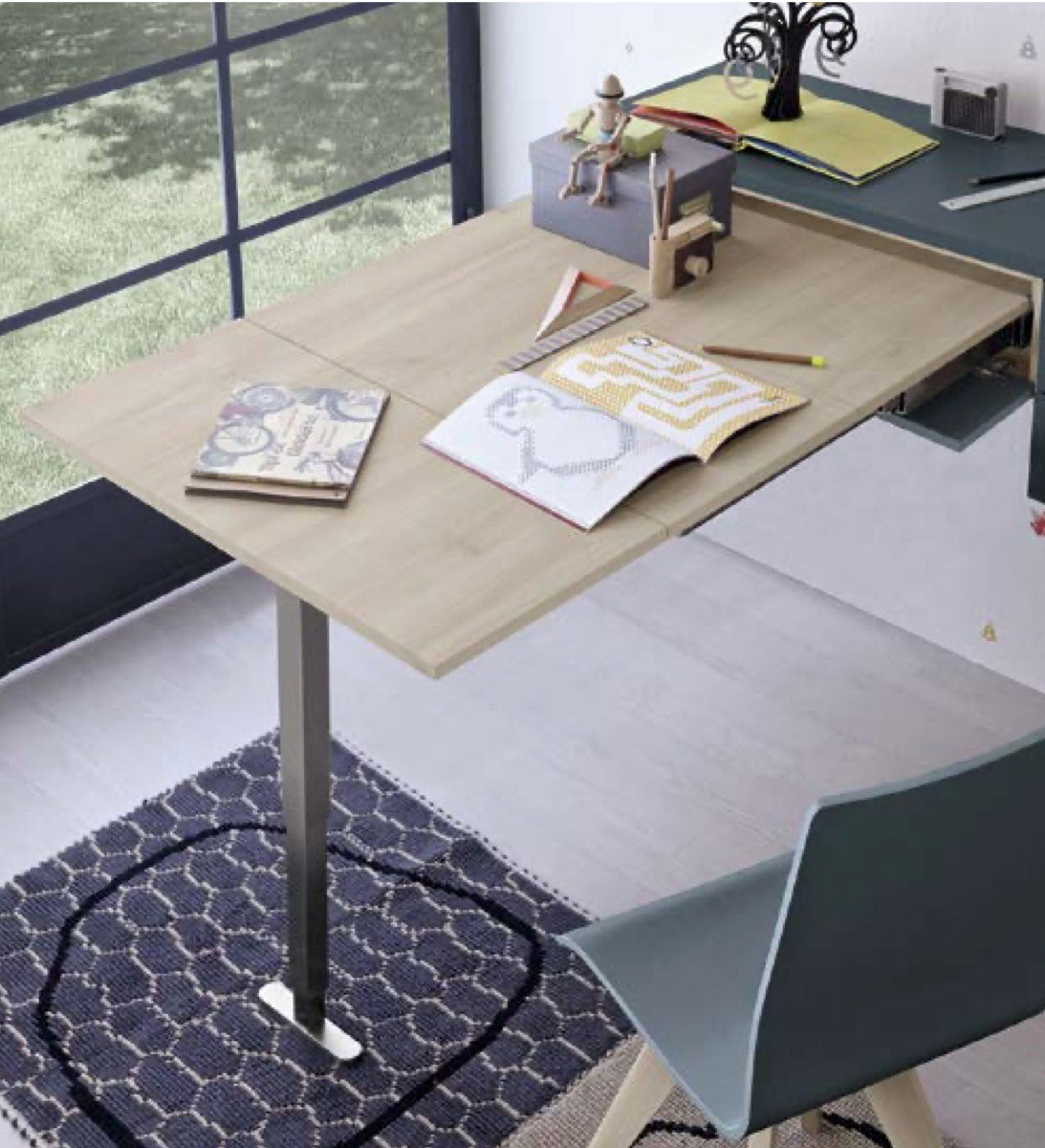 Scrivania salvaspazio estraibile con cassetti e ribalta, finitura Blu opale