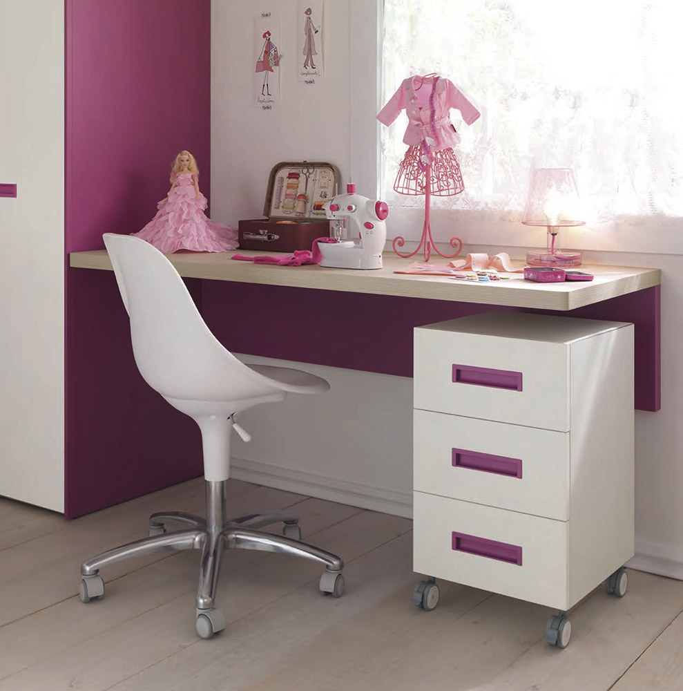 Scrivania camerette sospesa Moretti Compact, Betulla e Lampone laccato