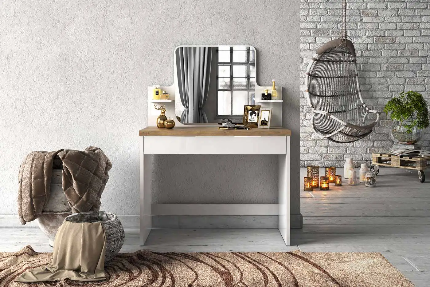 Toletta da trucco con cassetto, Bianco lucido 