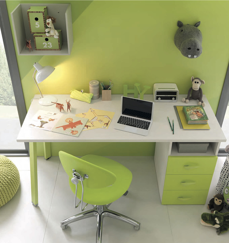 Scrivania bambini con cassettiera Moretti Compact, finitura Betulla e Verde cedro