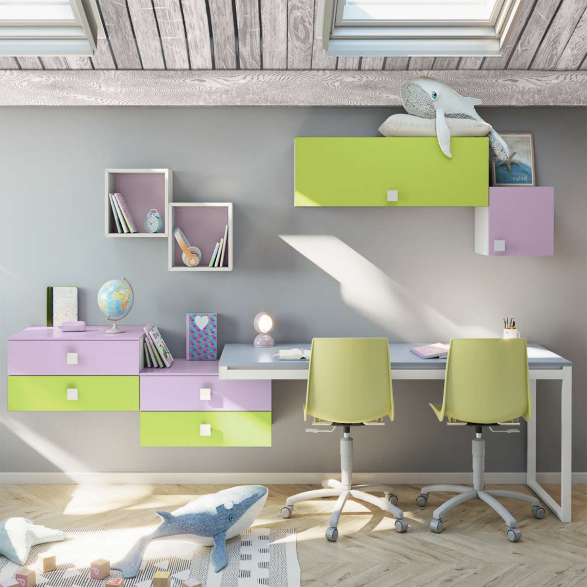 scrivania con cassetti colorata