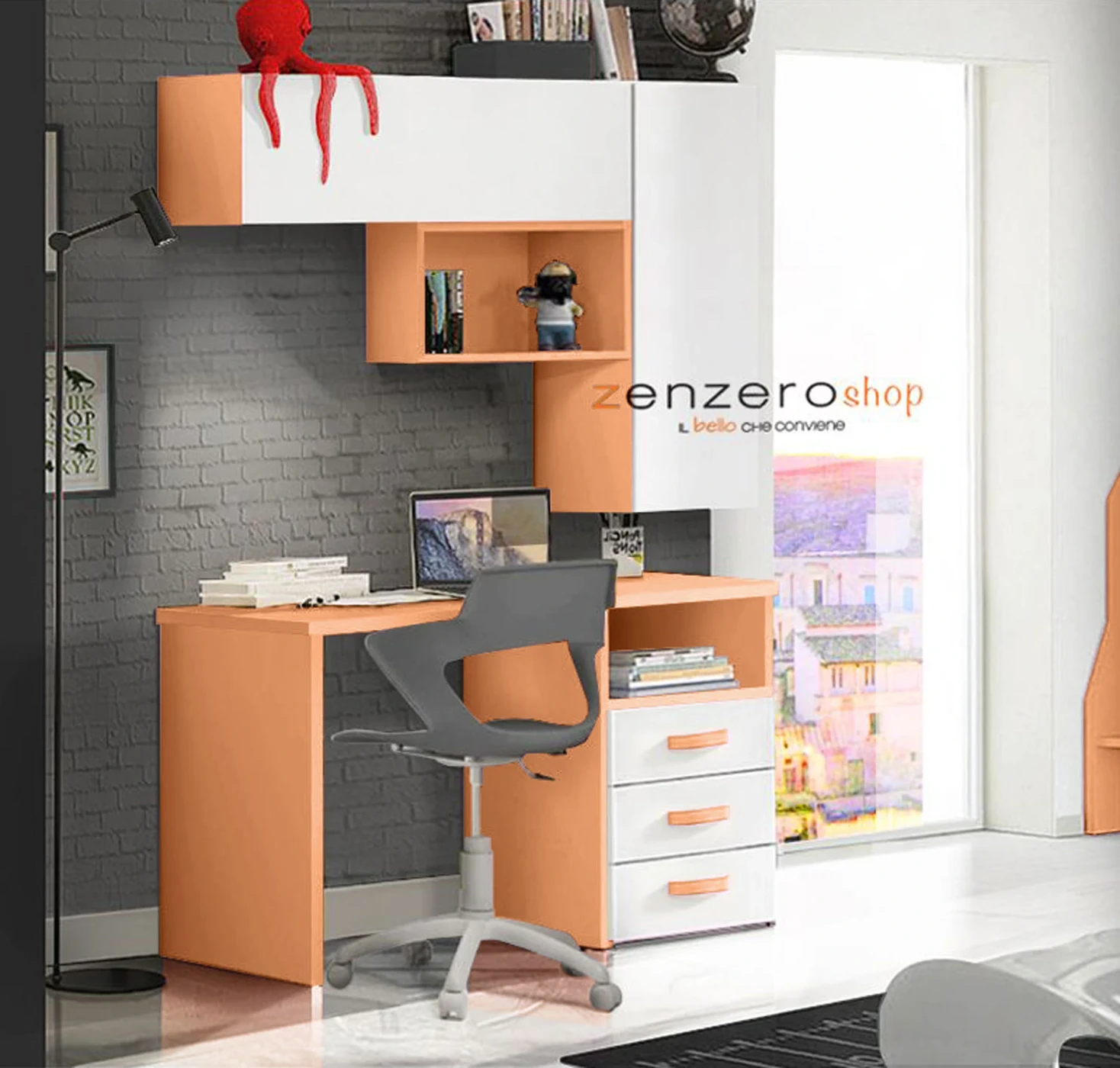 Scrivania con cassettiera e vano a giorno in finitura Papaya e Bianco Opaco