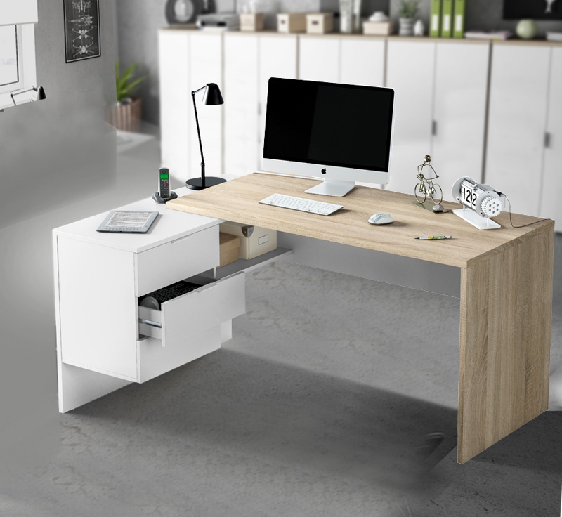 Scrivania moderna da ufficio o cameretta, bianca artik e rovere canadian