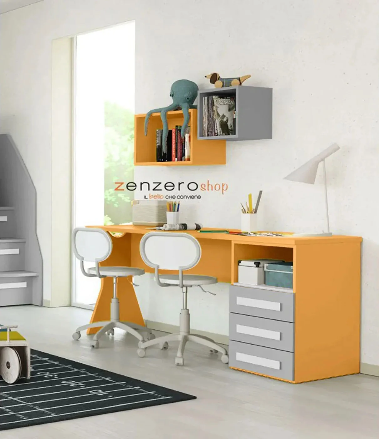 Scrivania moderna per camerette in finitura Miele e Grigio Dorian