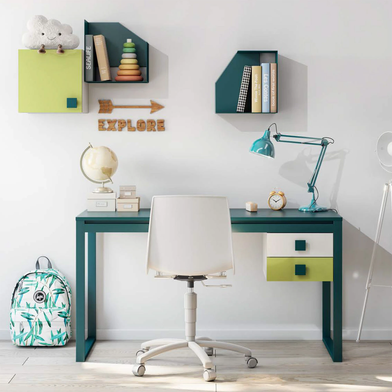 scrivania verde con cassetti