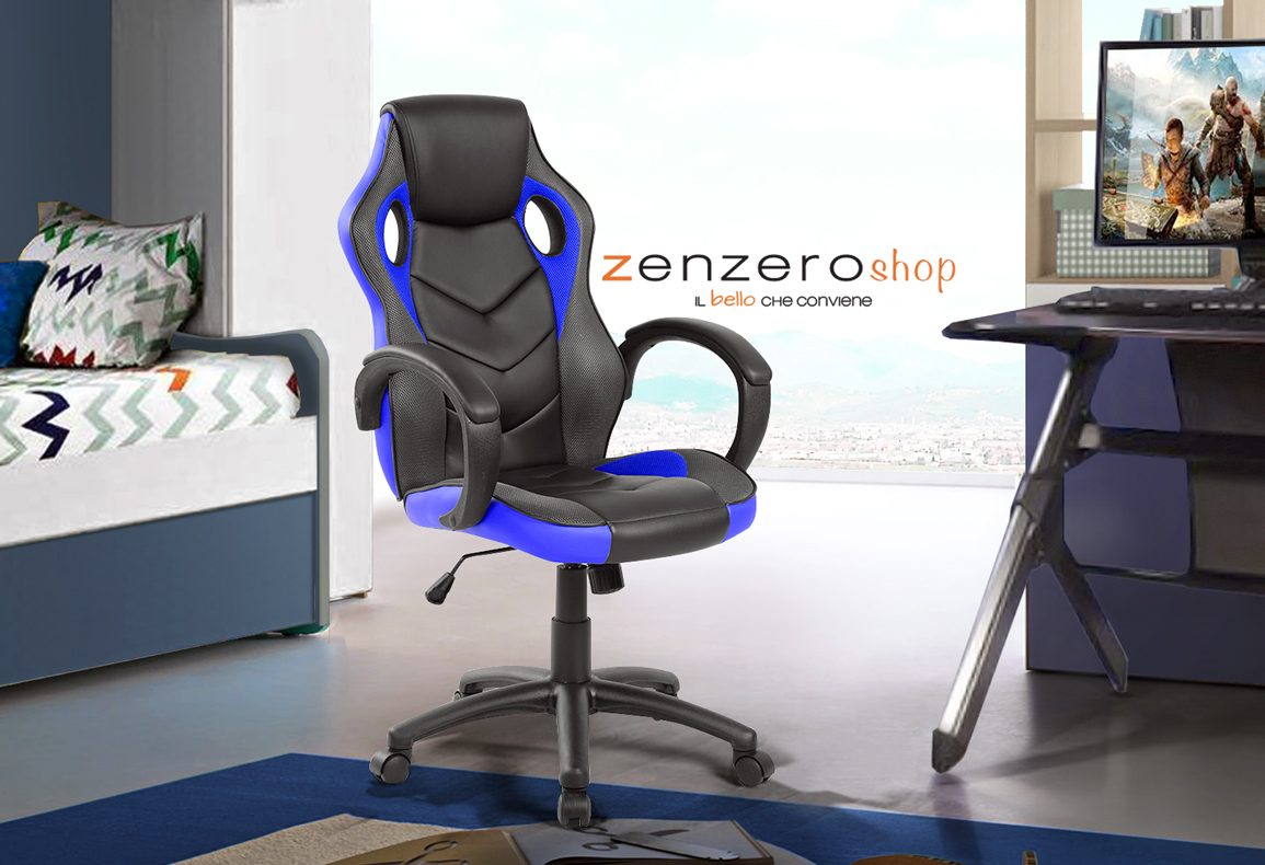 Poltrona Gaming con braccioli in finitura Blu e Nero, imbottitura in PU Zenzero Shop
