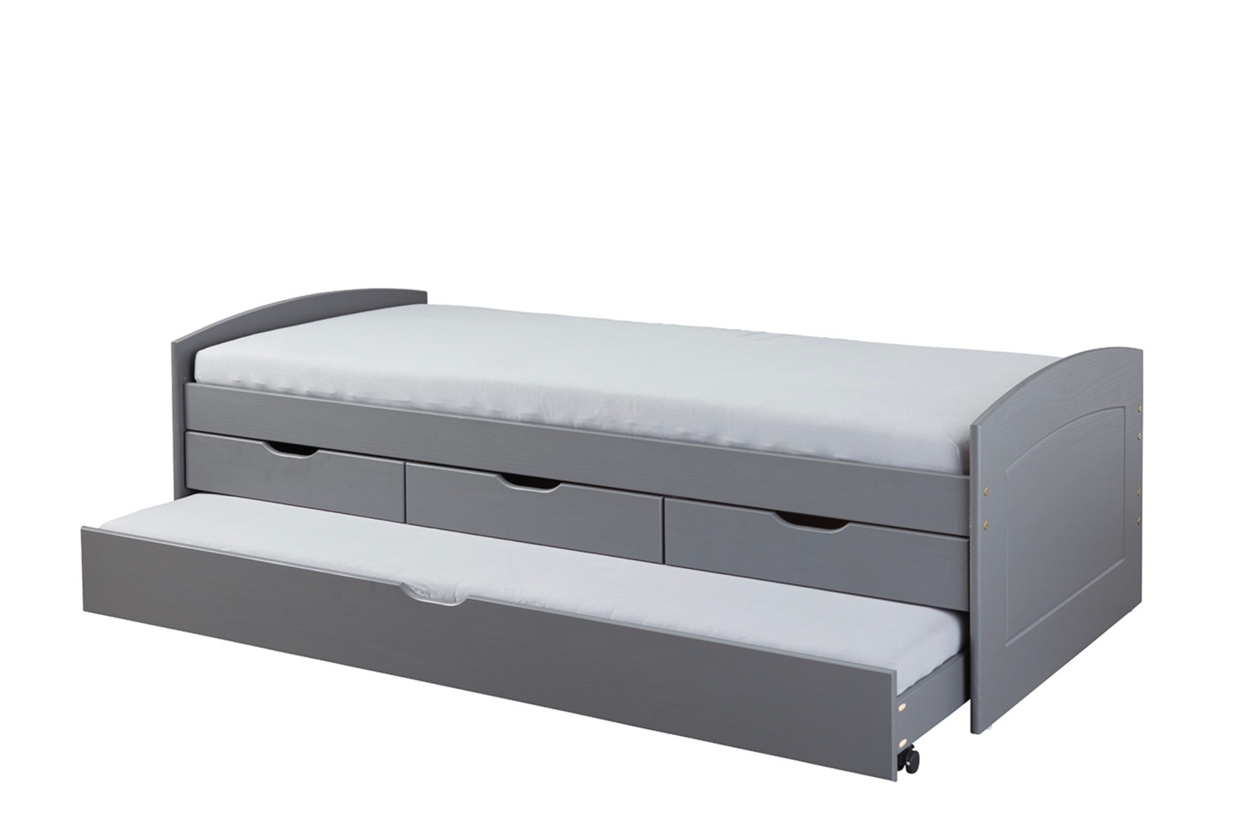 Letto con secondo letto estraibile con ruote e 3 cassetti, colore grigio