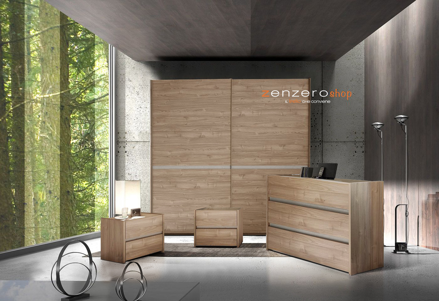 Set zona notte con Armadio scorrevole, Comò e Coppia Comodini, Noce Chiaro e Argilla 