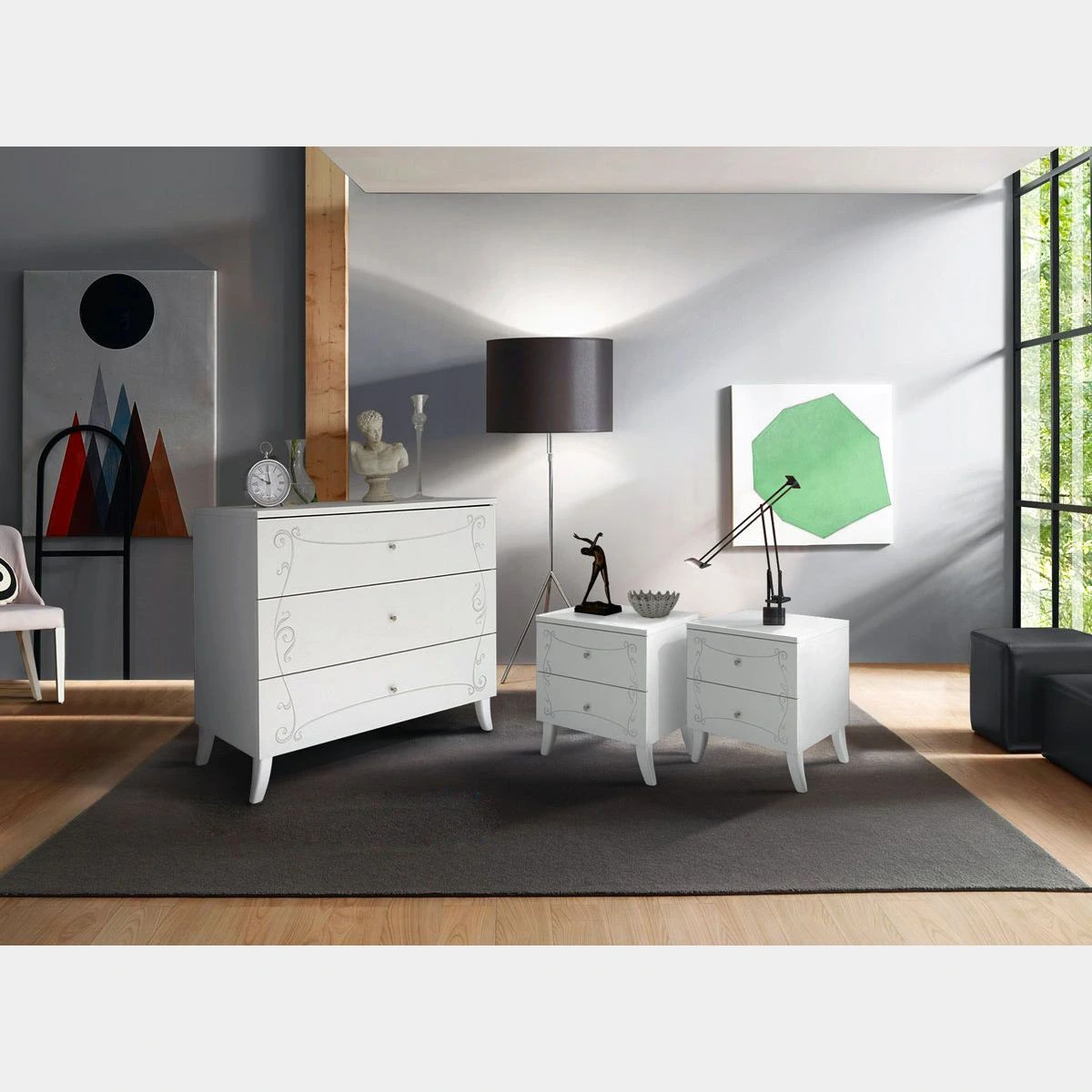 Set Comò e 2 comodini, finitura Bianco avatar e serigrafia sui frontali