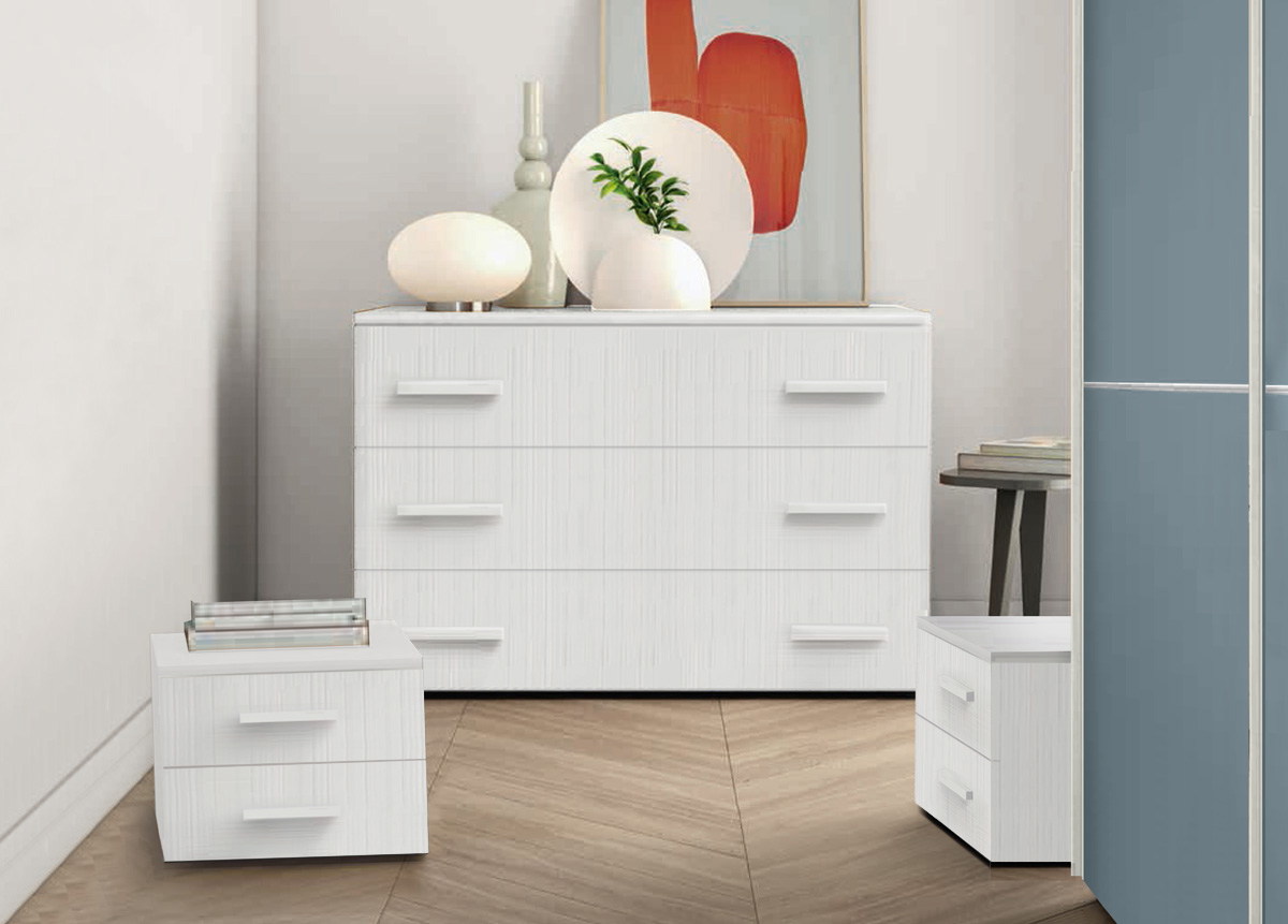 Set moderno comò e comodini in finitura in finitura Rovere Bianco