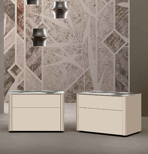 Comodini con top in vetro, finitura Orzo e Marmo bianco