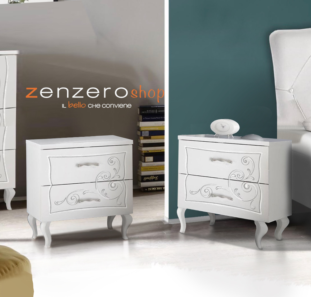 Coppia di comodini con 2 cassetti e serigrafia in finitura bianco opaco, Made in Italy