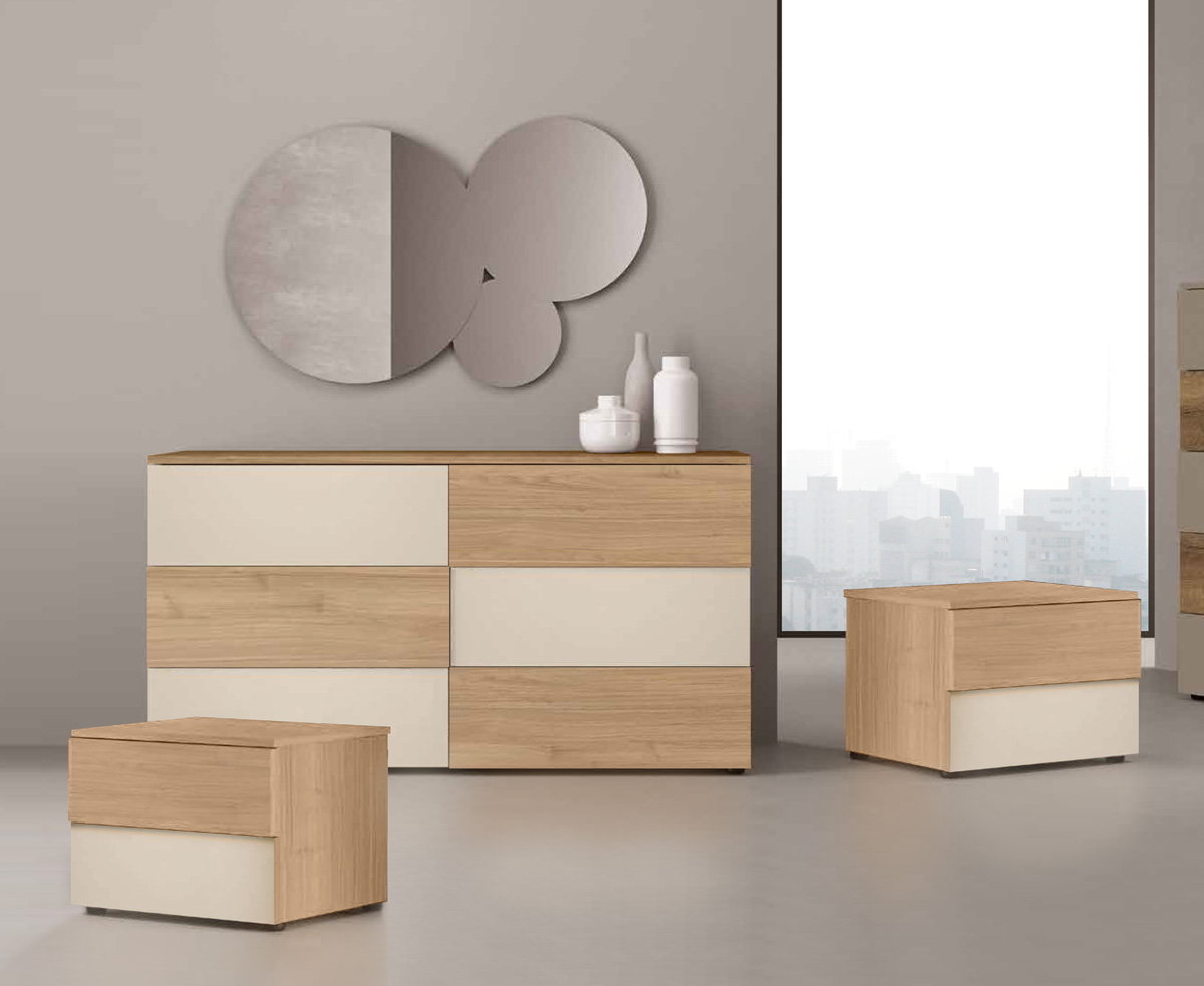 Set comò e comodini moderno, finitura Noce biondo e Orzo