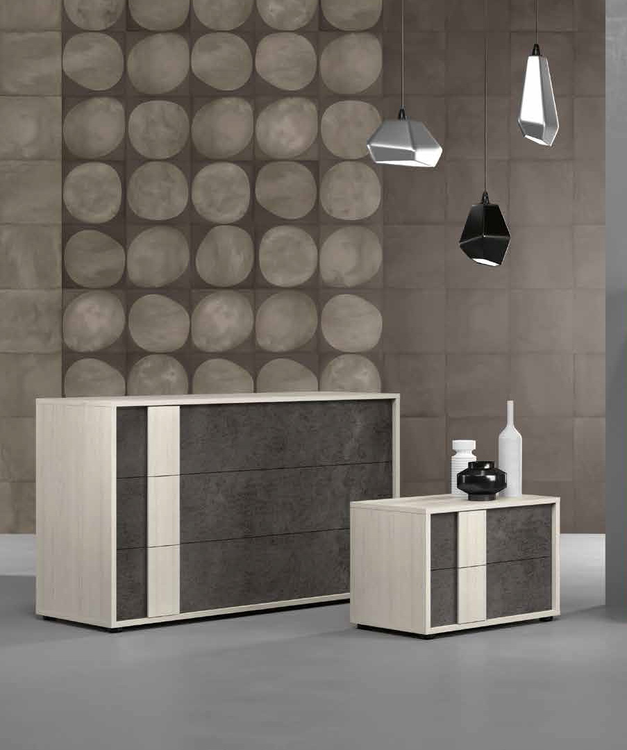 Coppia di comodini e comò, finitura Ardesia scura e Bianco altea