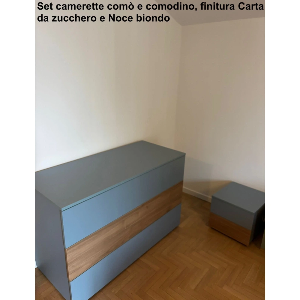 Set camerette comò e comodino, finitura Grigio cenere e Agave