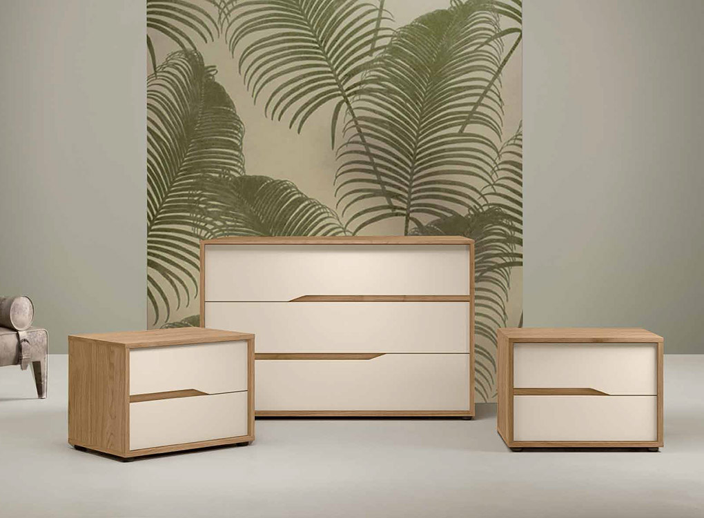 Set 2 comodini e comò, finitura Noce biondo e Orzo