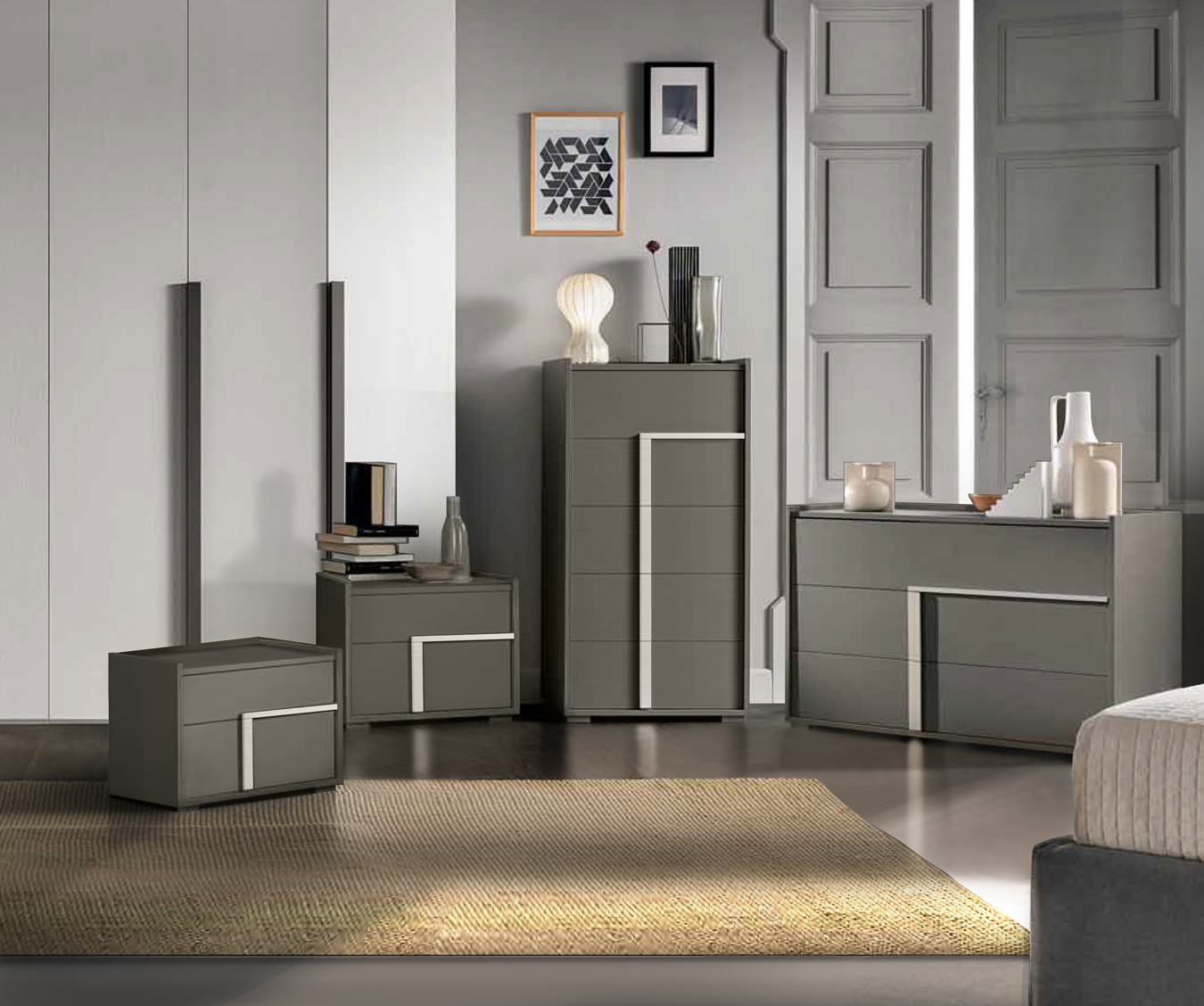 Set Garda con comò, 2 comodini e settimino in finitura Grigio londra