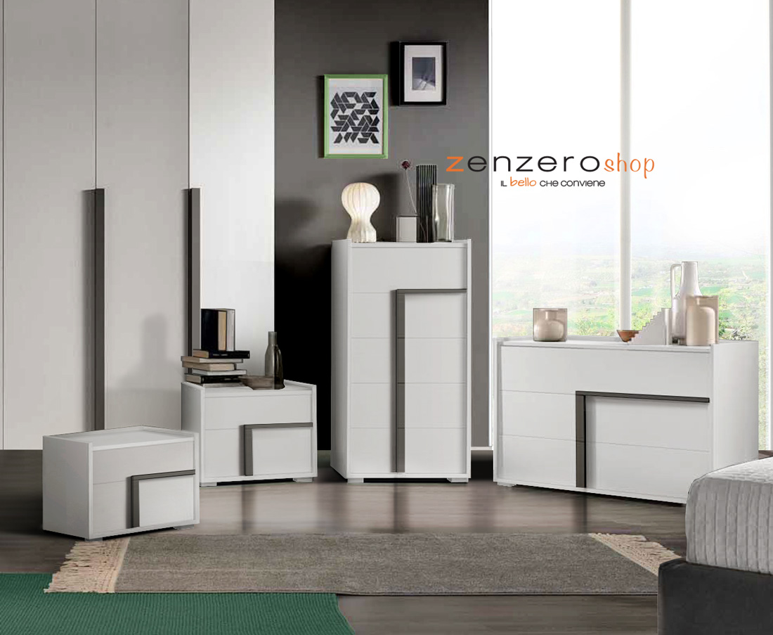 Set Garda con comò, 2 comodini e settimino in finitura Noce bianco