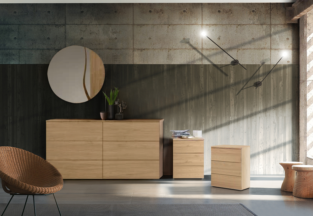 Set comò e comodini 3 cassetti, finitura Noce biondo