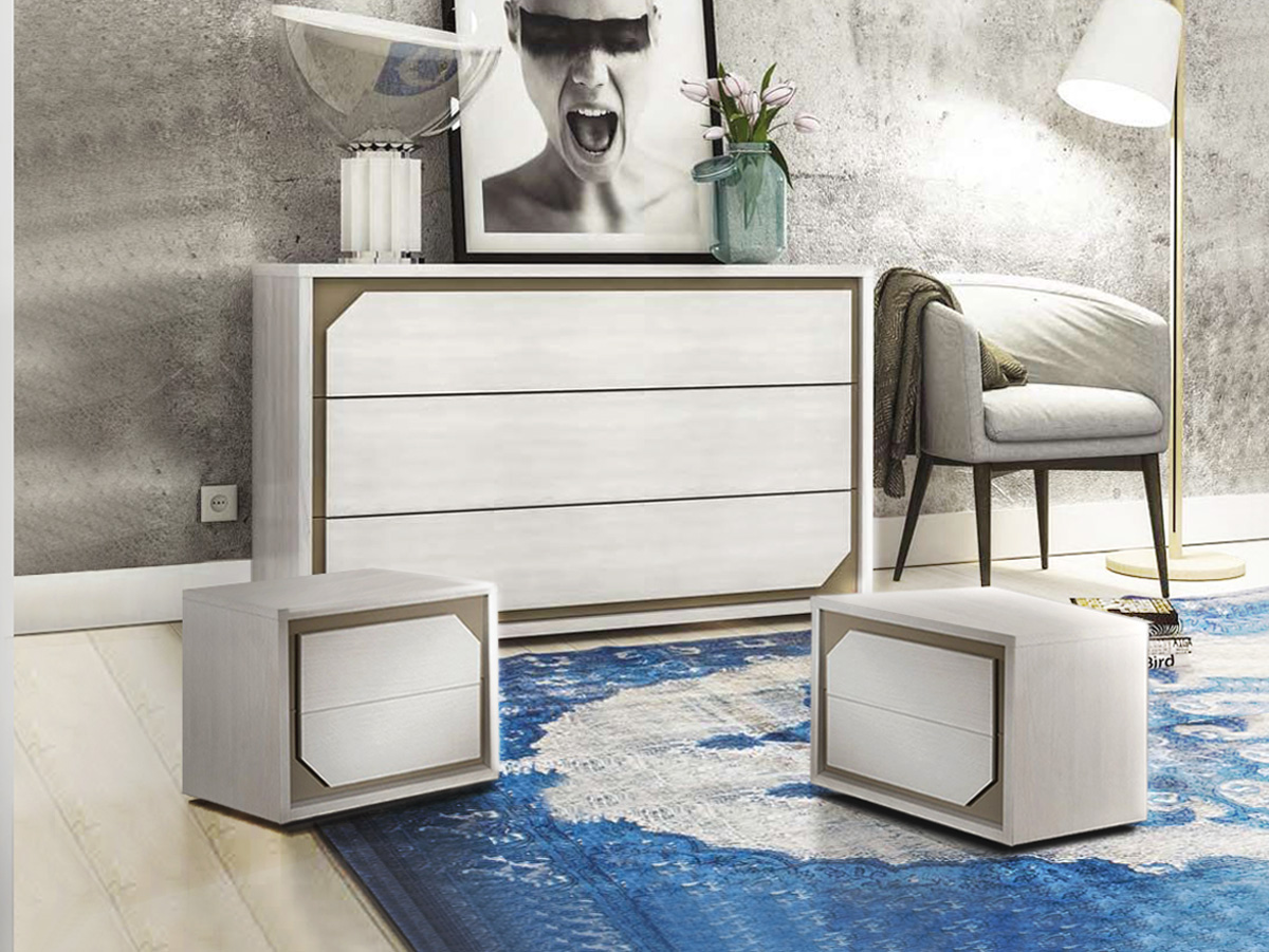 Set zona notte, Comò e Comodini, Olmo Bianco e Visone Made in Italy