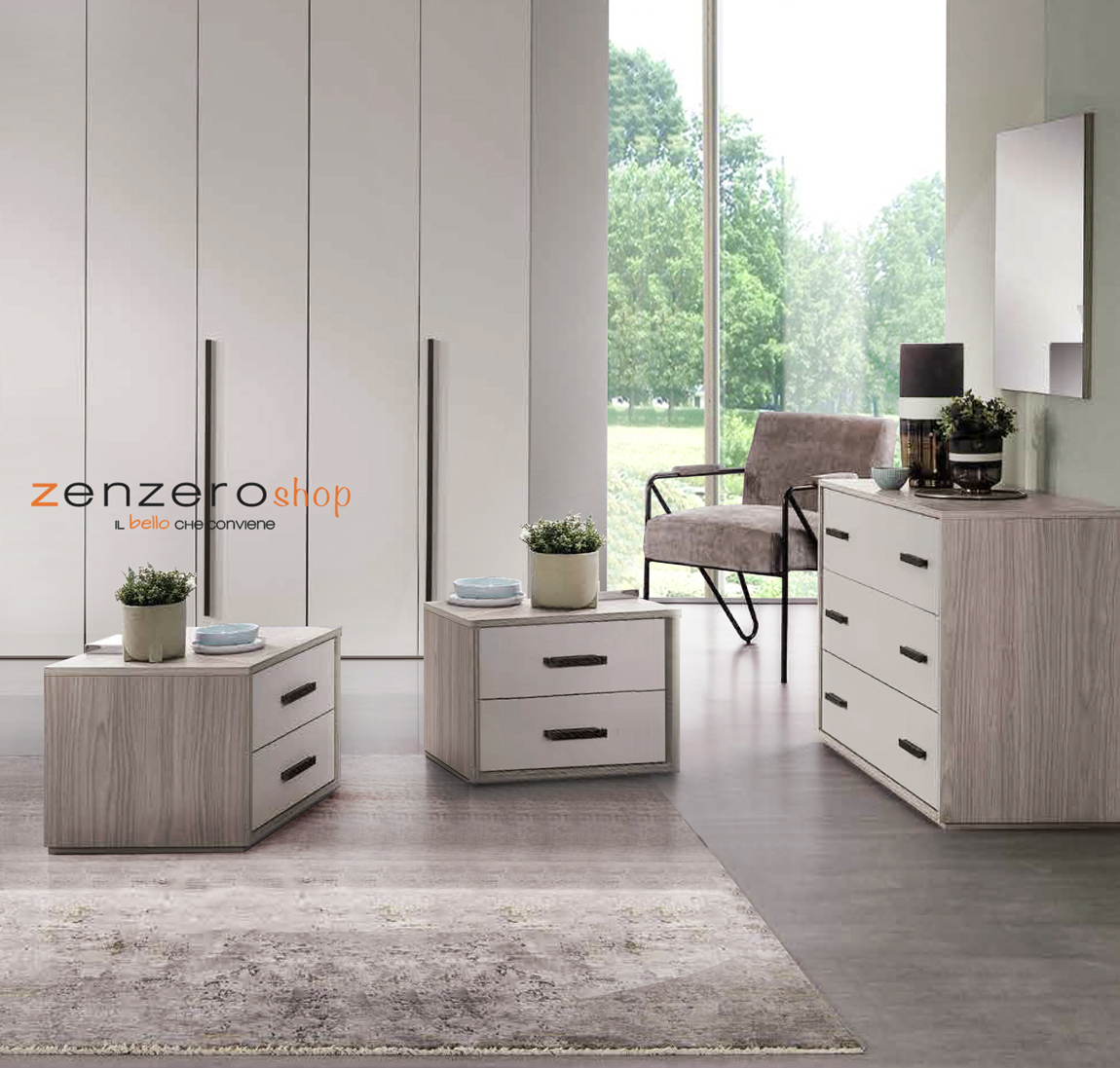 Set moderno composto da comodini e comò, finitura grigio resina chiaro e tortora chiaro, Made in Italy