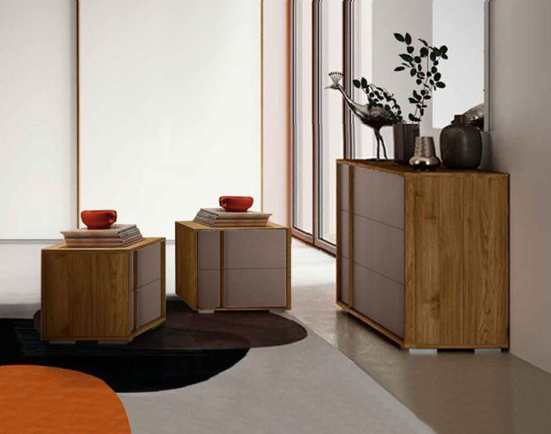 Set Completo Comò e Comodini, Bronzo e Noce Biondo