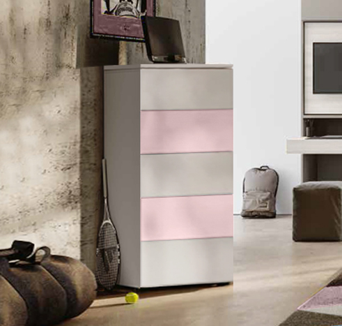 Settimino moderno con 5 cassetti, finitura Bianco altea, Rosa confetto e Grigio seta