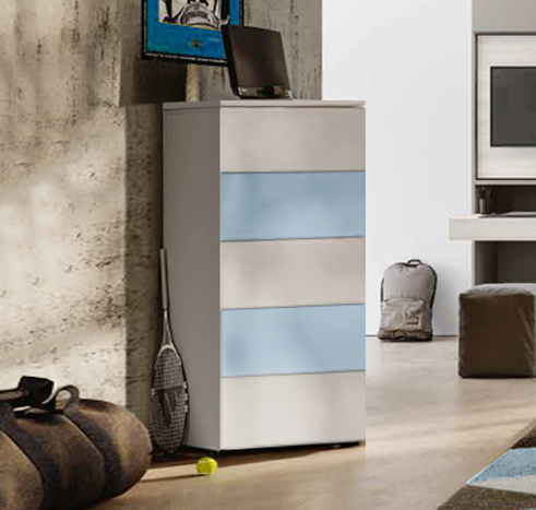 Comodone moderno con 5 cassetti, finitura Bianco altea, Carta da zucchero e Grigio seta
