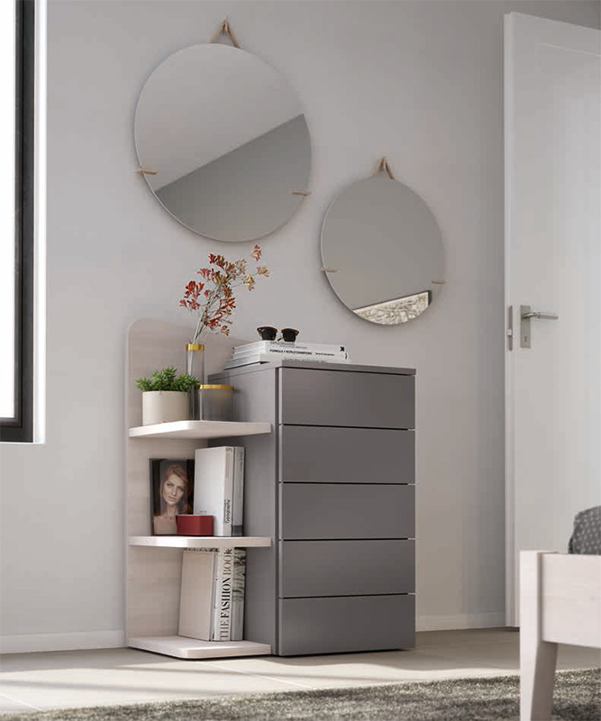 Settimino 5 cassetti e mensole, finitura Ciliegio bianco e Grigio titanio