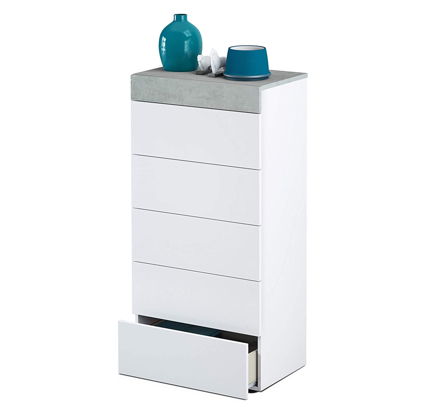 Cassettiera moderna a 5 cassetti, finitura Cemento e Bianca