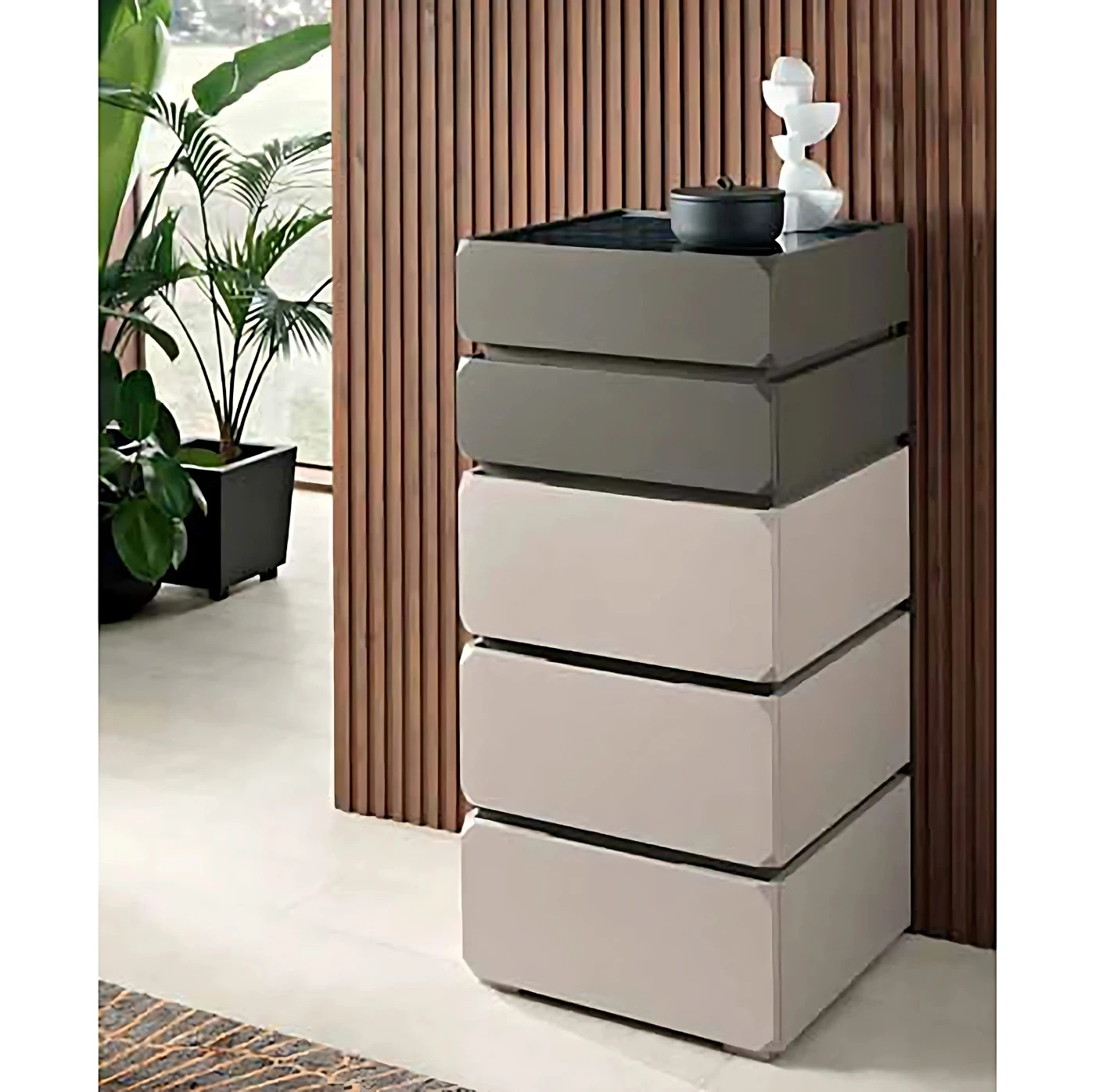 Settimino a 5 cassetti, Cachemire e Grigio Londra con piana vetro effetto Pietra Scura Zenzero Shop