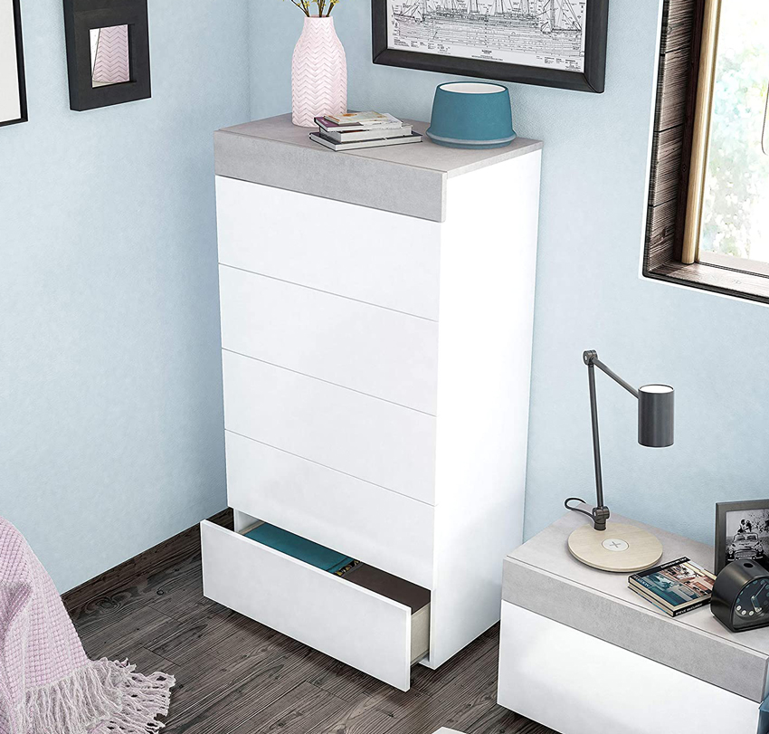 Cassettiera moderna a 5 cassetti, finitura Cemento e Bianca