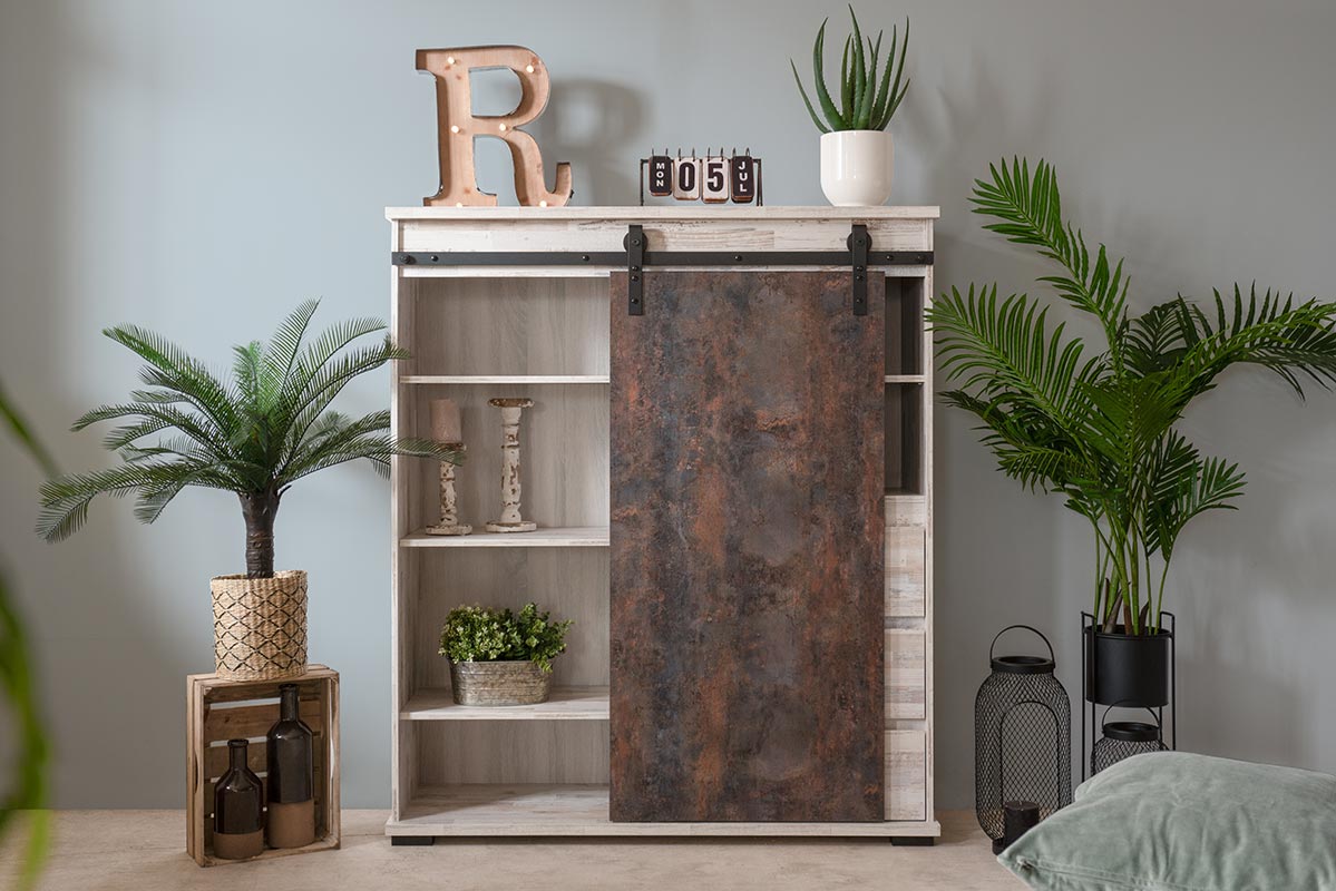 Madia alta Tromso con 2 ante e 3 cassetti in finitura Willow e Acero invecchiato