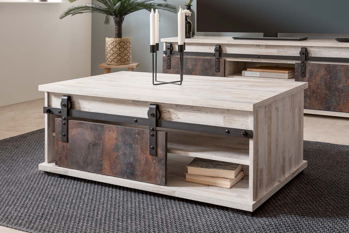 Tavolino Tromso con un'anta in finitura Willow e Acero invecchiato